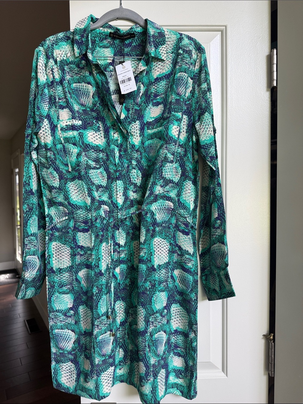 VIX Paula Hermanny size M 100% silk green dress w drawstring belt NWT